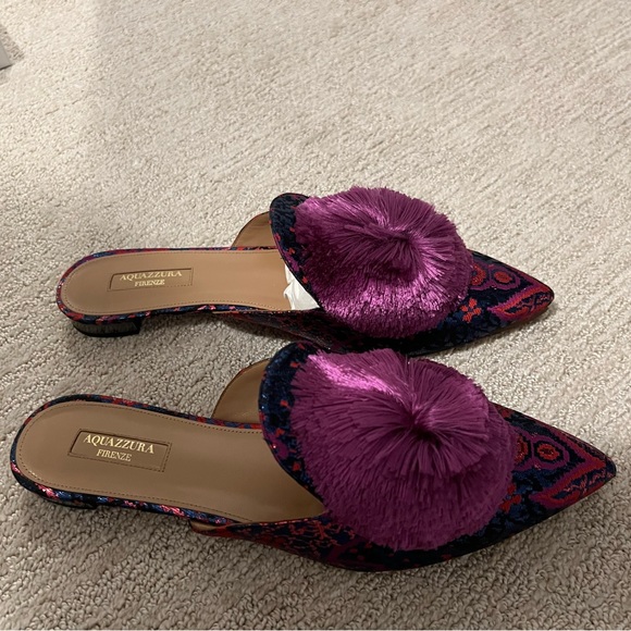 Size 41 - Aquazzura Powder Puff Pompom embellished Metallic Jacquard Mules - Picture 6 of 15